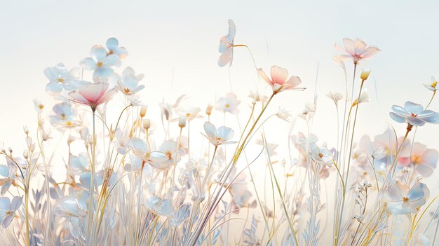 a field of wild flowers with a blue sky background.