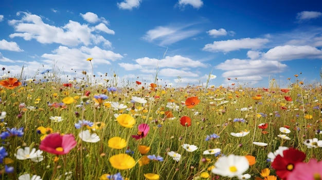 空の背景にある野花の畑