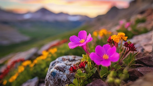 Photo a field of wild flowers with the sun setting behind them