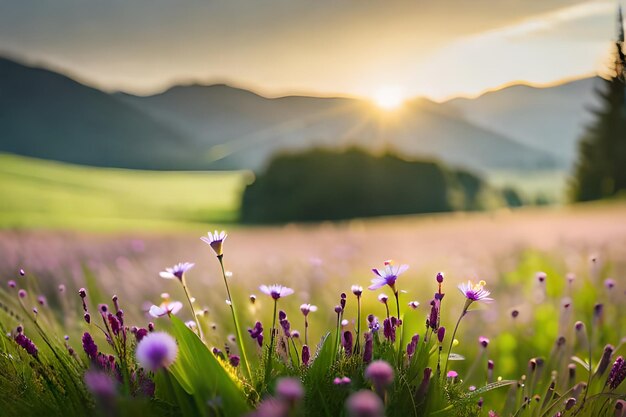 A field of wild flowers with the sun setting behind them.