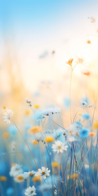 a field of wild flowers with the sun behind them.