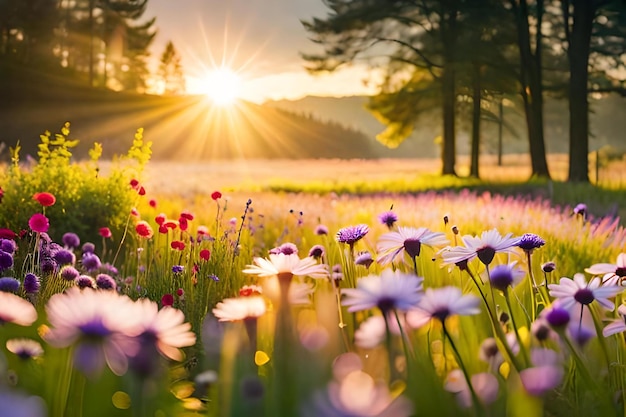 A field of wild flowers with the sun behind them