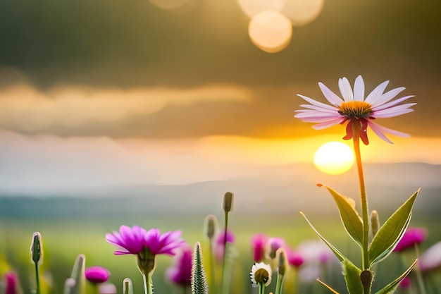 Photo a field of wild flowers with the sun behind them