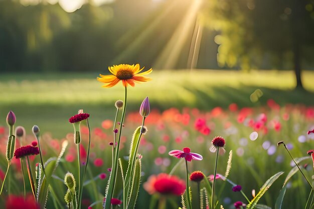 A field of wild flowers with the sun behind them