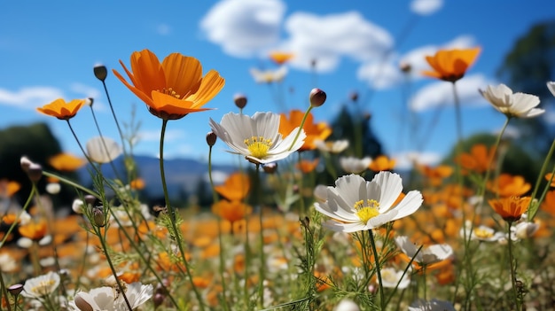 A field of wildflowers under a bright blue sky bees and butterflies visible gentle breeze symboli