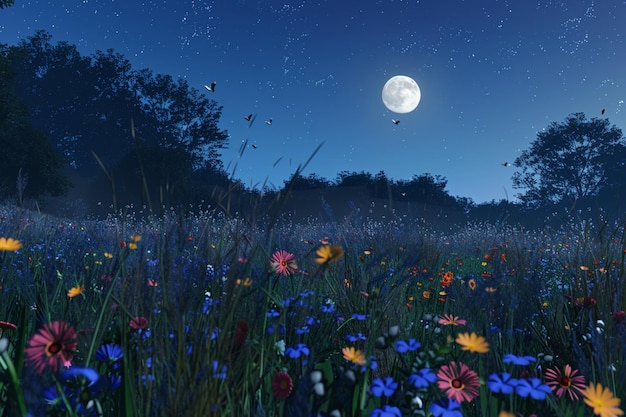 A field of wildflowers under a full moon