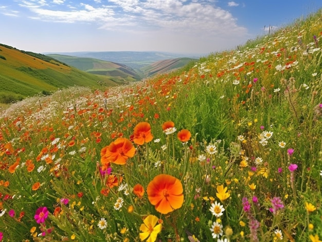 A field of wildflowers is shown with a blue sky in the background.