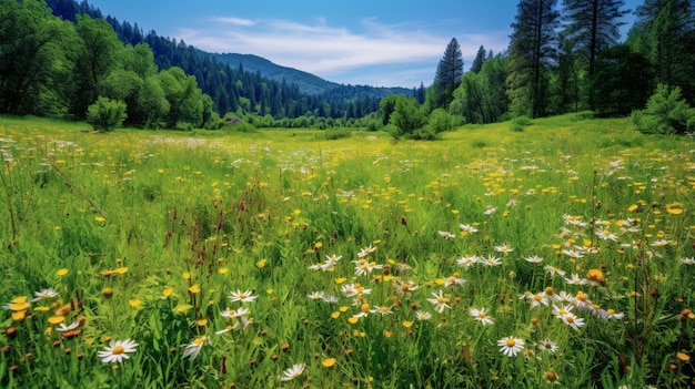 A field of wildflowers in the mountains