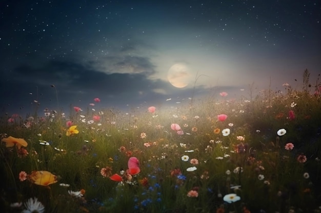 Field of wildflowers at night