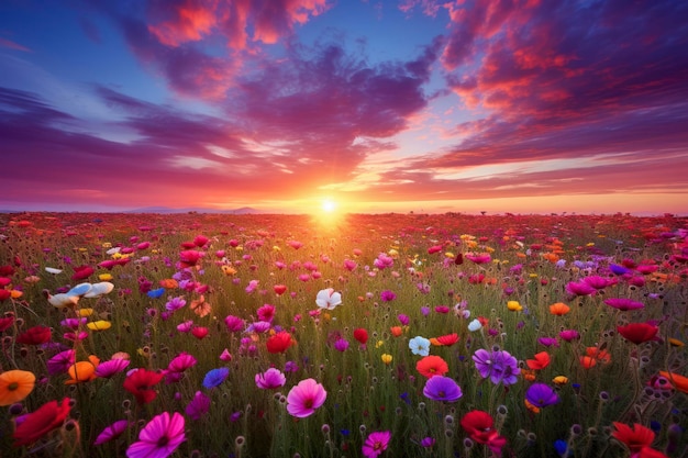 A field of wildflowers stretching to the horizon painted in a myriad of colors under a vibrant sky