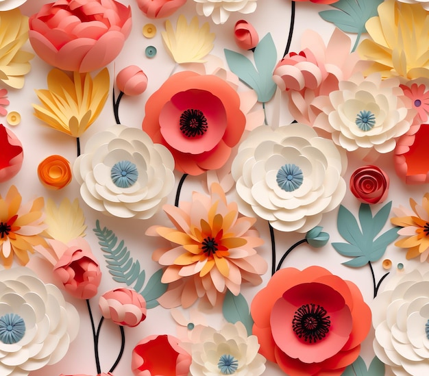 A field of wildflowers in the style of 3D paper flowers pastel retro colors white background seamless pattern Generative AI