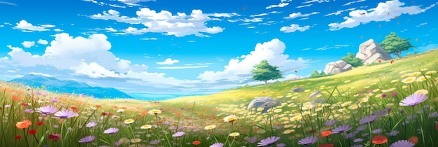 Field of wildflowers swaying in the breeze under a clear blue sky generative ai