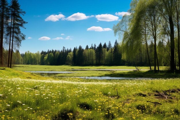 Photo a field of wildflowers and a tree with a lake in the background