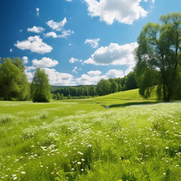 Photo a field of wildflowers and trees with a blue sky with clouds