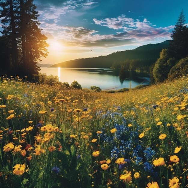 背景に湖がある野生の花畑。