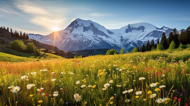 a field of wildflowers with a mountain in the background