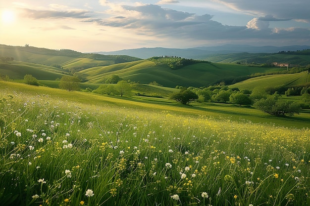 a field of wildflowers with mountains in the background