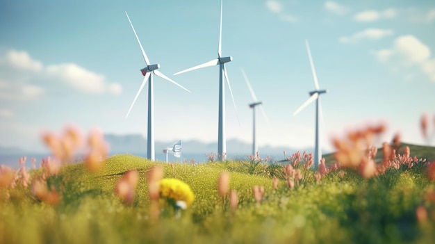 A field of wind turbines with a blue sky and a field of flowers in the background