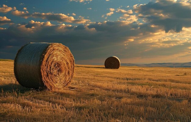 Photo a field with a bale of hay in the foreground