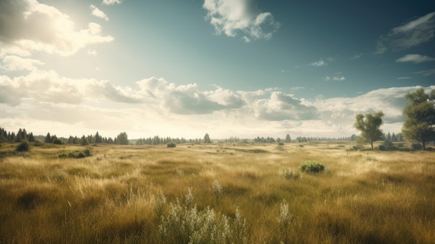 A field with a blue sky and clouds