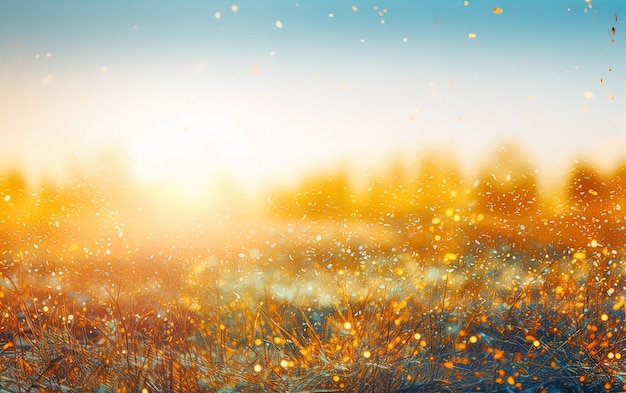 A field with a blue sky and a field of grass with a yellow firefly on it.