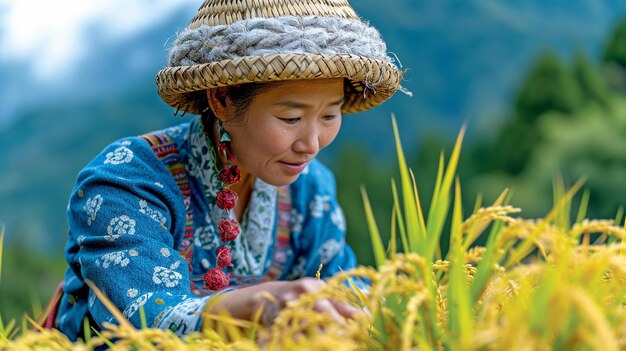 Photo in a field with bright yellow rice plants a farmer in a blue dress and a wicker hat harvests rice