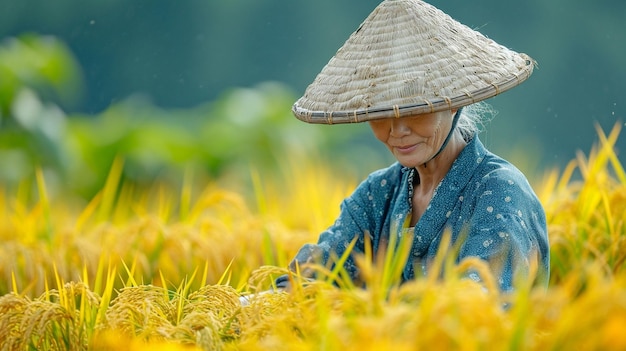 In a field with bright yellow rice plants a farmer in a blue dress and a wicker hat harvests rice