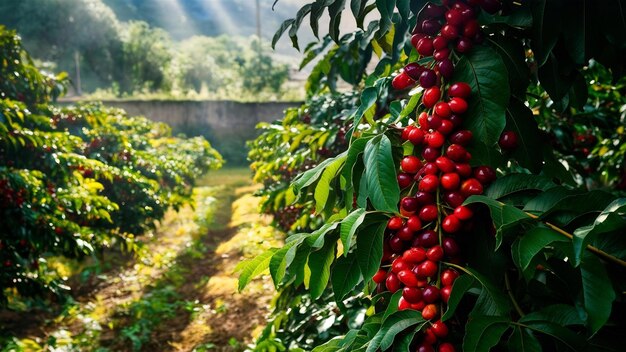 Field with coffee beans on the tree branches under sunlight with a blurry wall in guatemala