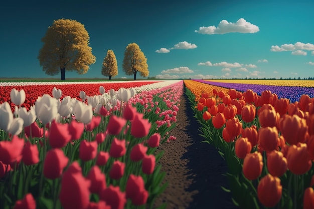 A field with colored tulipsThe beauty of nature Generative AI