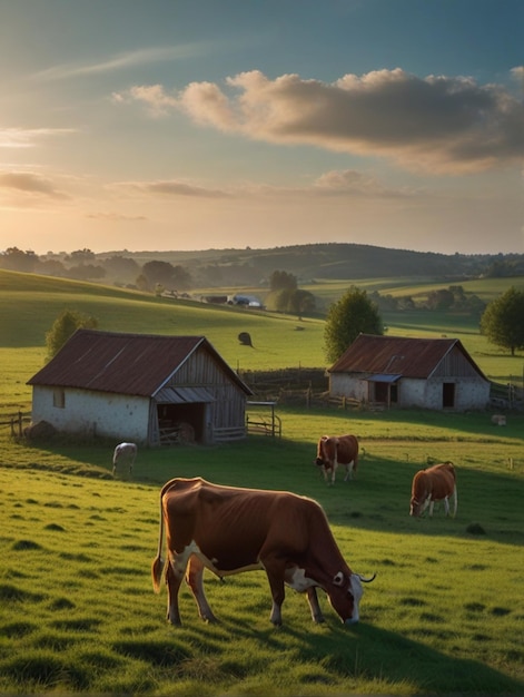 Photo a field with cows and a house in the background