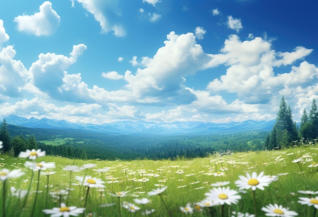 A field with daisies and beautiful blue sky