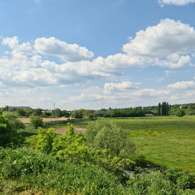 A field with a few clouds and a blue sky