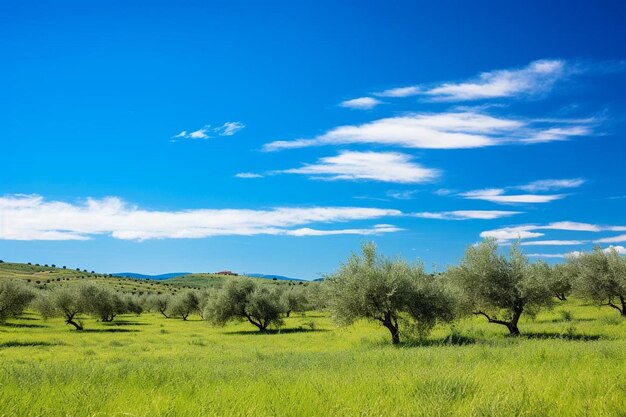 Photo a field with a few trees and a blue sky with clouds