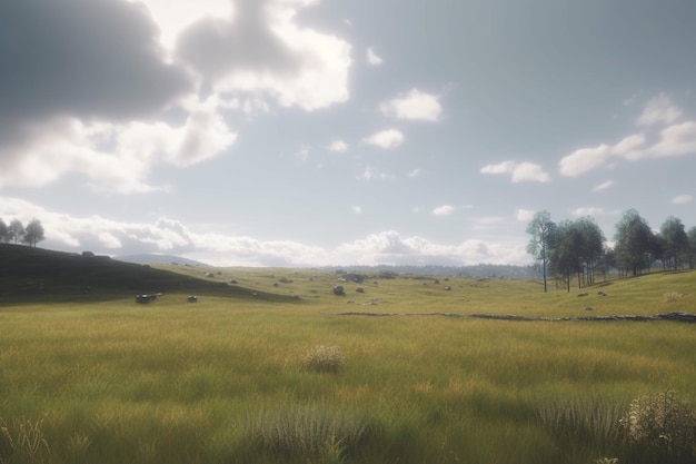 A field with a few trees and a cloudy sky