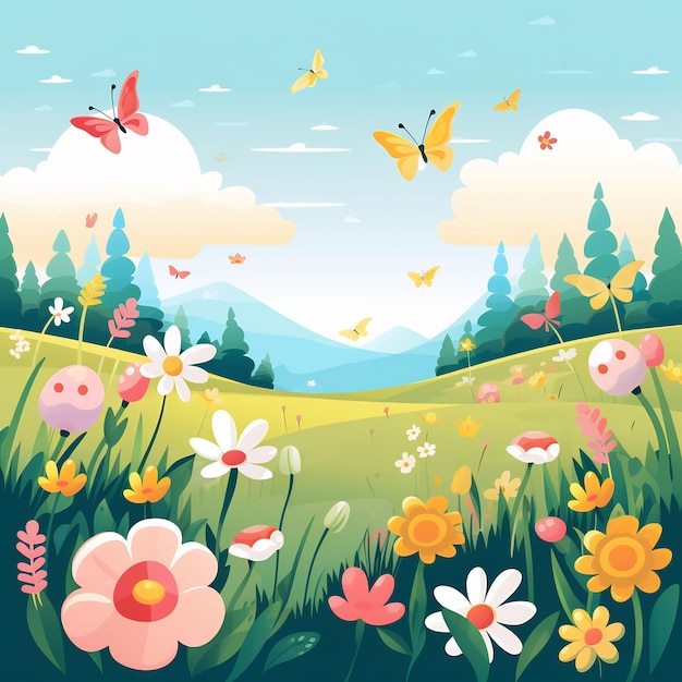 a field with flowers and butterflies and a sky background