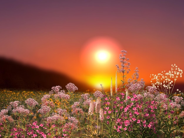 Field with flowers on orange pink sunset nature landscape\
flowers on orange sunset sky nature