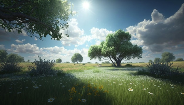 Field with flowers, trees, blue sky and a radiant sun