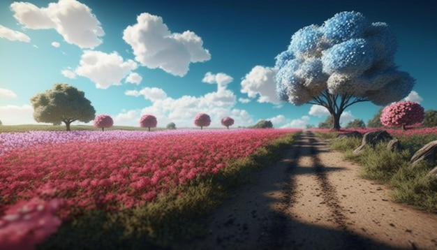 꽃, 나무, 푸른 하늘과 빛나는 태양이 있는 들판