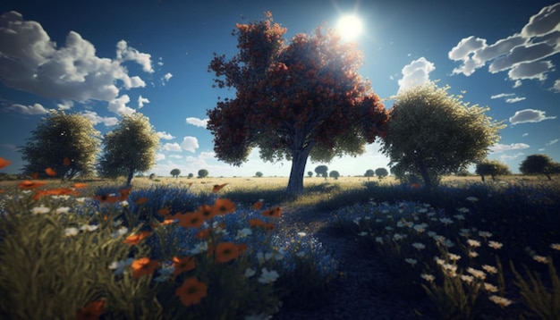 Field with flowers, trees, blue sky and a radiant sun