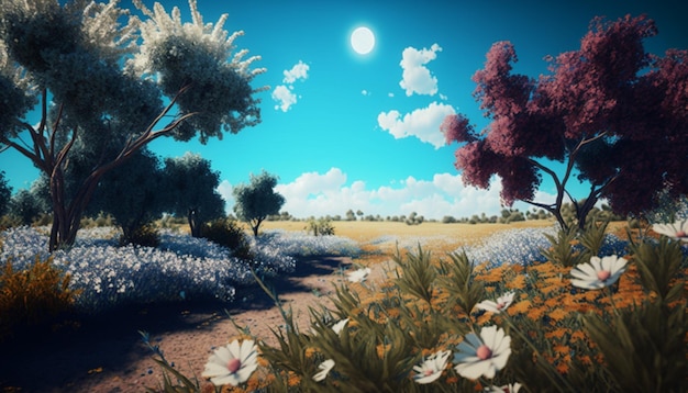 Field with flowers, trees, blue sky and a radiant sun