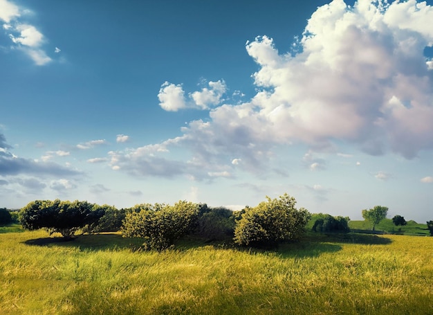 Field with grass And Small Trees and clouds