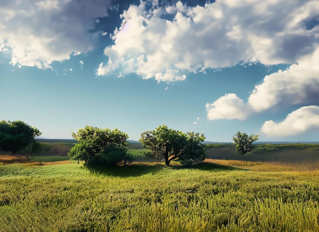 Field with grass And Small Trees and clouds