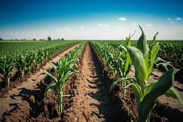 Field with green sprouts of young corn plants generative ai