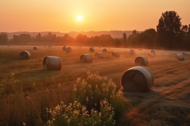 Field with hay rolls at sunset Generative AI