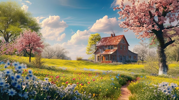 Field with a hut Nature oil clover cereals farm thickets plants life greens beauty oxygen relaxation country villa meadow grass flowers wind sun Generated by AI