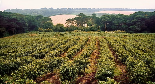 a field with lots of plants and trees