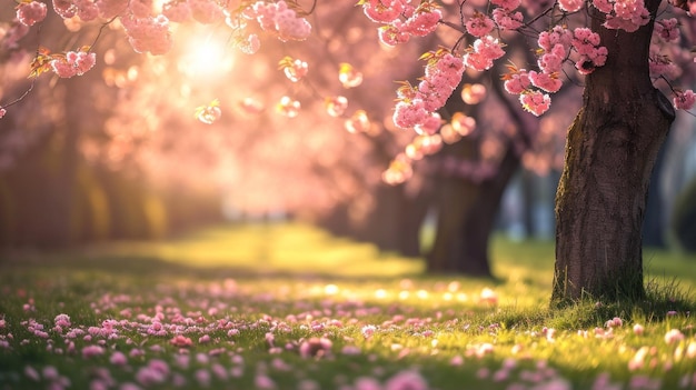 A field with pink flowers and trees in the background ai