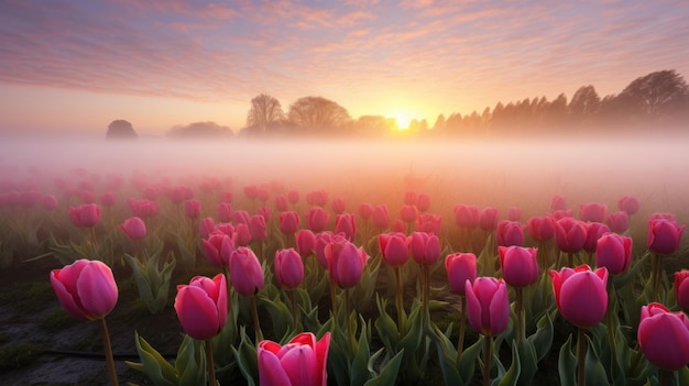 Field with pink tulips in the early foggy morning Growing flowers Blooming spring