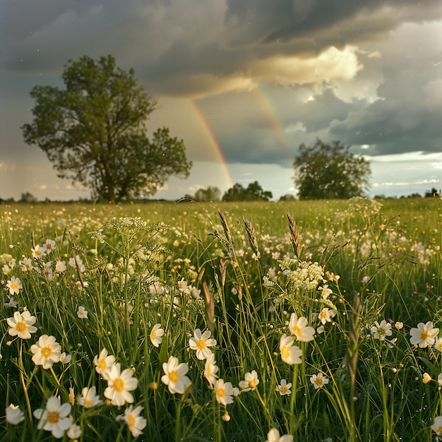 a field with a rainbow and a tree in the background