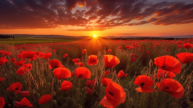 Field with red poppies neon sunset